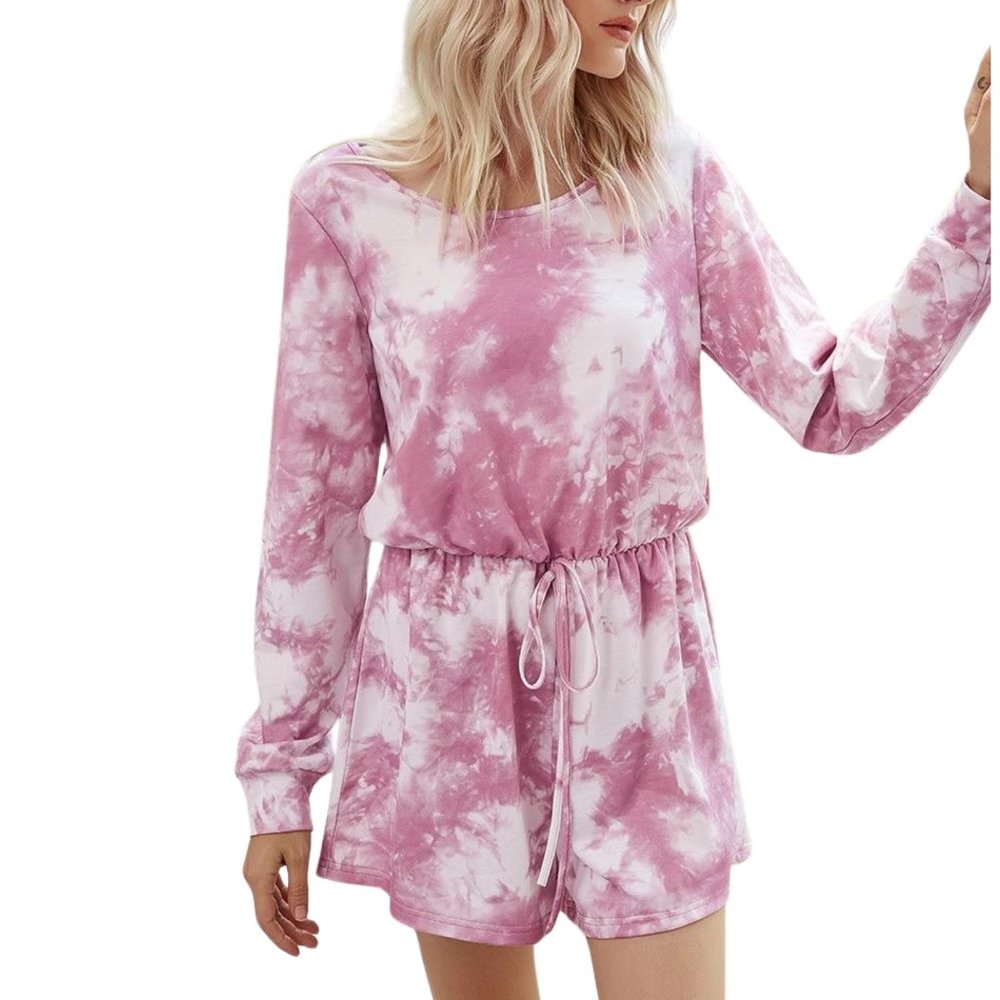 Tie Dye Romper Shorts Pink Mauve Long Sleeves Sizes M XL Drawstring Tie Waist